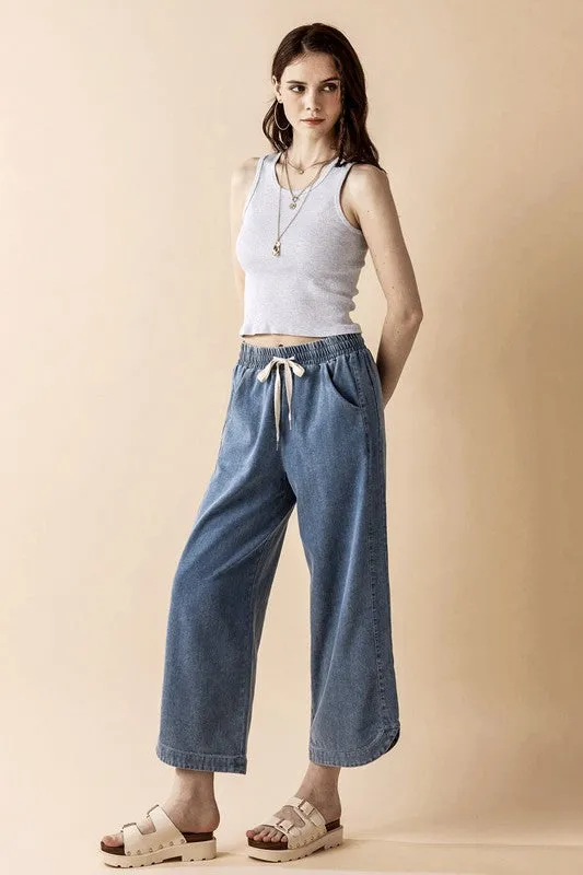 Plus Denim Wide Leg Crop Pants with Dolphine Tail sold by Deluxxie