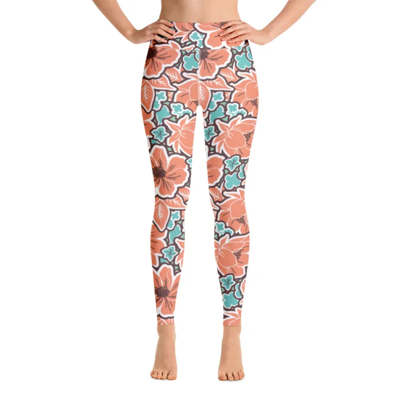 Women's Tropical Red Floral Yoga Leggings by Tropical Seas Clothing sold by Deluxxie