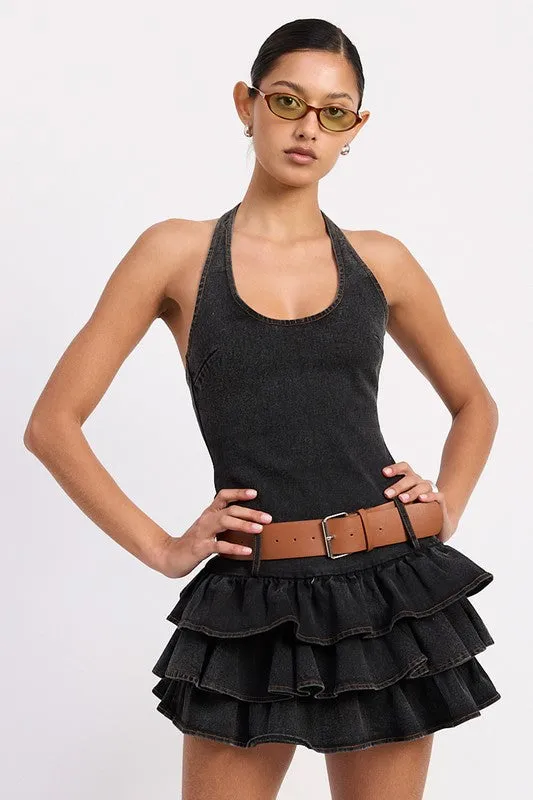 MINI BELTED RUFFLED DENIM DRESS WITH HALTER NECK sold by Deluxxie