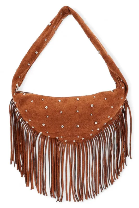 Faux Suede Fringe Boho Studded Hobo Bag sold by Deluxxie product image thumbnail 2