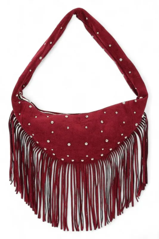 Faux Suede Fringe Boho Studded Hobo Bag sold by Deluxxie product image thumbnail 4