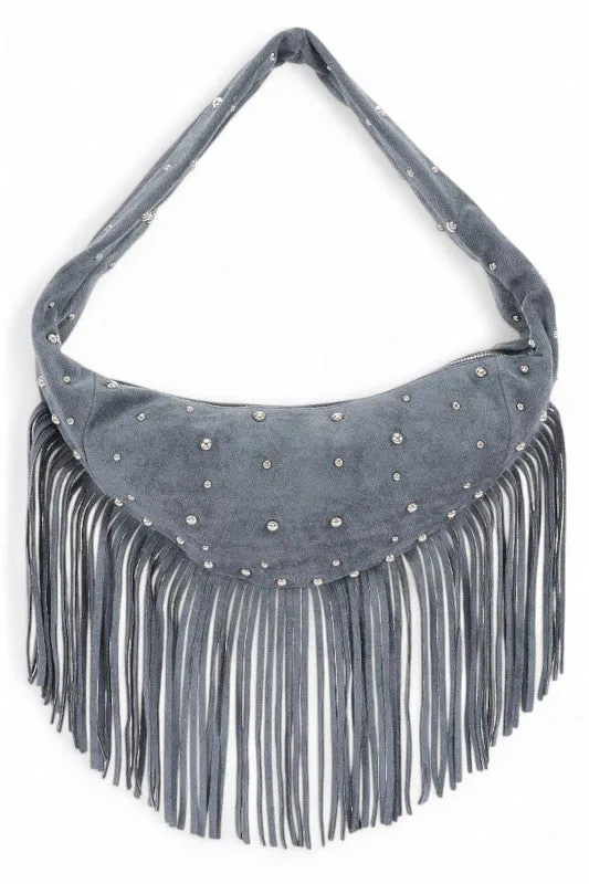 Faux Suede Fringe Boho Studded Hobo Bag sold by Deluxxie product image thumbnail 5