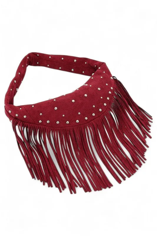 Faux Suede Fringe Boho Studded Hobo Bag sold by Deluxxie