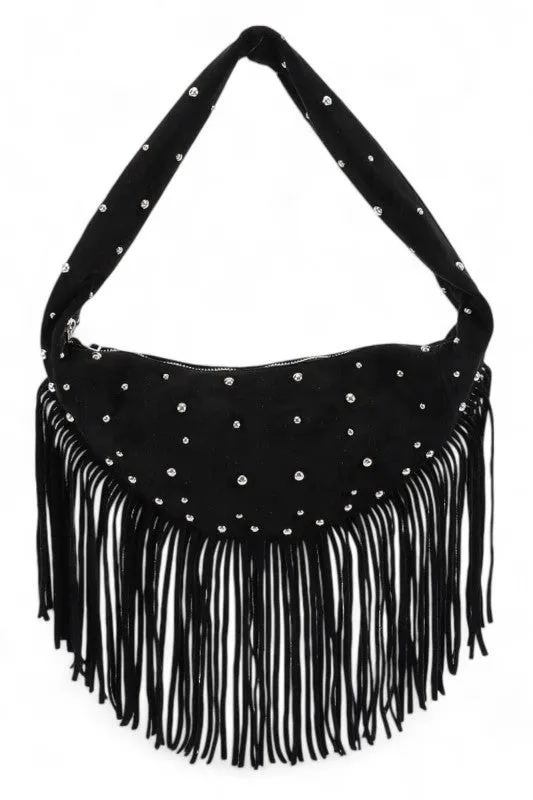 Faux Suede Fringe Boho Studded Hobo Bag sold by Deluxxie product image thumbnail 3