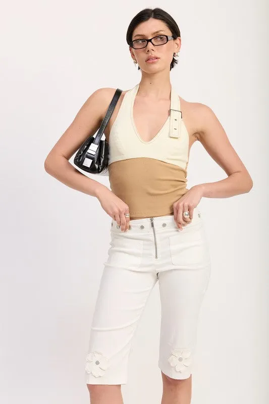 TWO TONE HALTER CROP TOP WITH BUCKLE DETAIL sold by Deluxxie