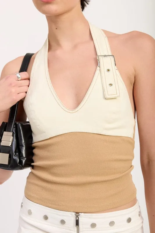 TWO TONE HALTER CROP TOP WITH BUCKLE DETAIL sold by Deluxxie product image thumbnail 2