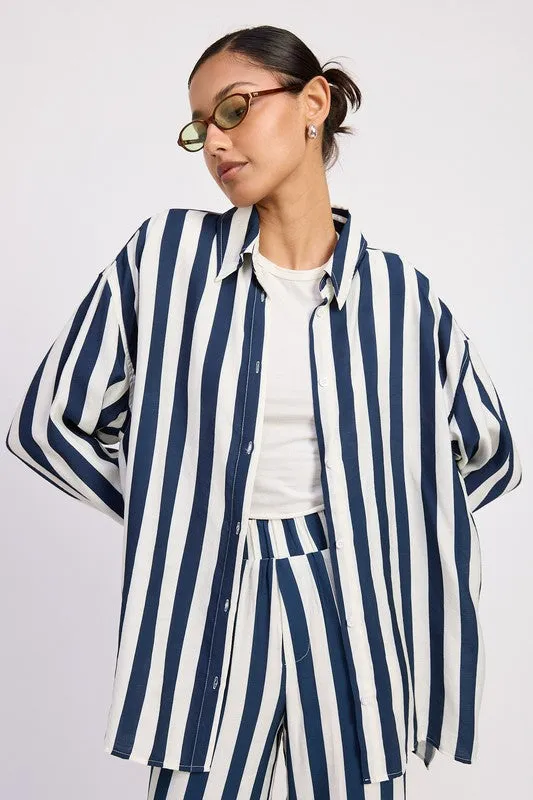 RELAXED FIT VERTICAL STRIPE BUTTON UP SHIRT sold by Deluxxie