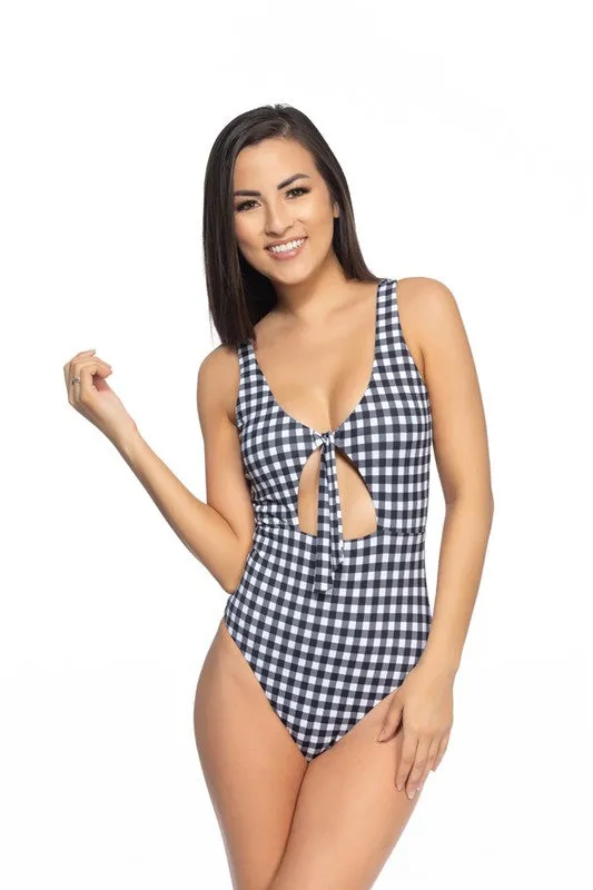 BLACK AND WHITE GINGHAM CUTOUT TIE ONE PIECE SWIM sold by Deluxxie