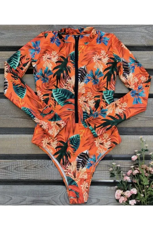 Leaf Floral Print Front Zip Long Sleeve Rash Guard sold by Deluxxie product image thumbnail 4