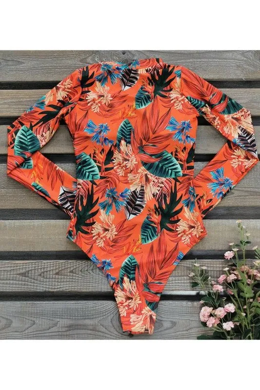 Leaf Floral Print Front Zip Long Sleeve Rash Guard sold by Deluxxie product image thumbnail 5