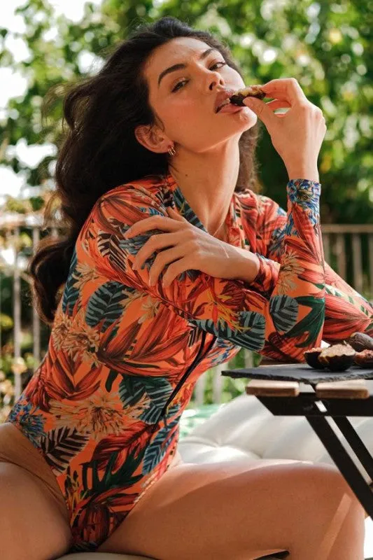 Leaf Floral Print Front Zip Long Sleeve Rash Guard sold by Deluxxie product image thumbnail 2