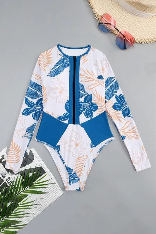 Blue Tropical LongSleeve OnePiece Surfing Swimsuit sold by Deluxxie product image thumbnail 5