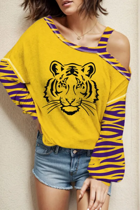 Tiger Graphic Asymmetrical Neck Long Sleeve T-Shirt by VYSN sold by Deluxxie