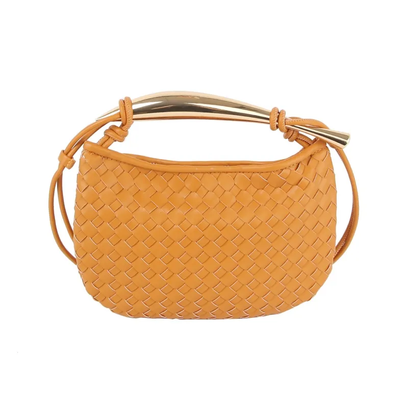 Gold handle unique flat design crossbody by Handbag Factory sold by Deluxxie