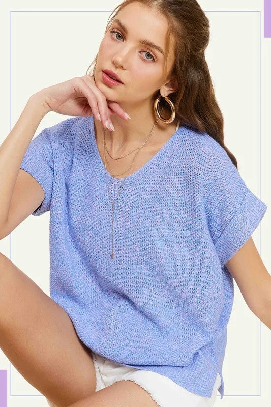 Soft Lightweight V-Neck Short Sleeve Sweater Top sold by Deluxxie