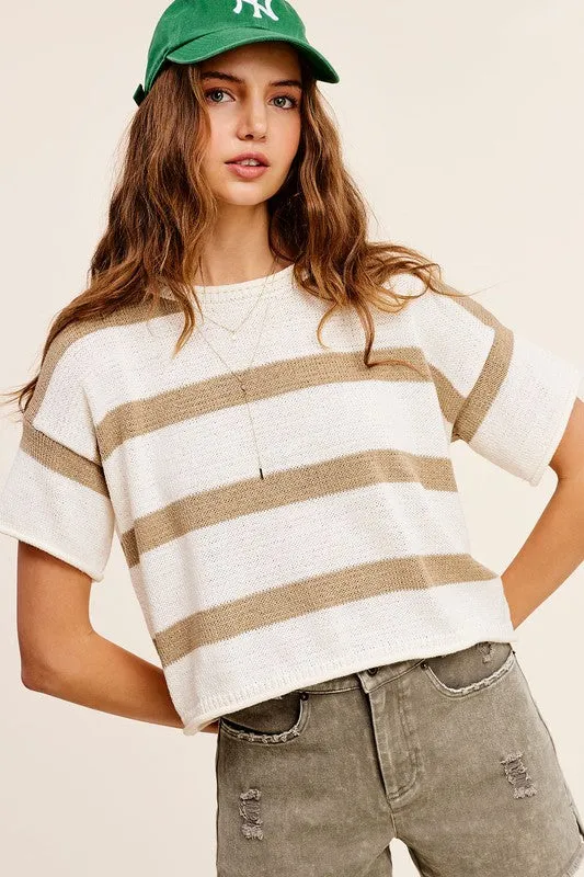Lightweight Stripe Sweater Short Sleeve Top sold by Deluxxie