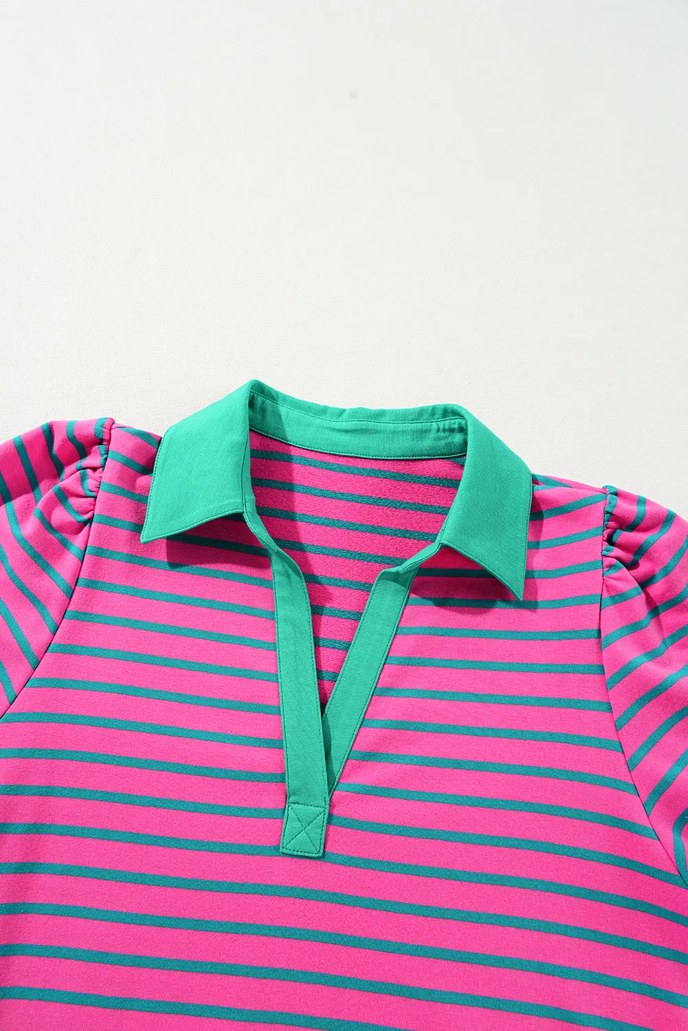 Pink Stripe Collared Puff Sleeve Pop of Color Neckline T Shirt Dress sold by Deluxxie product image thumbnail 5