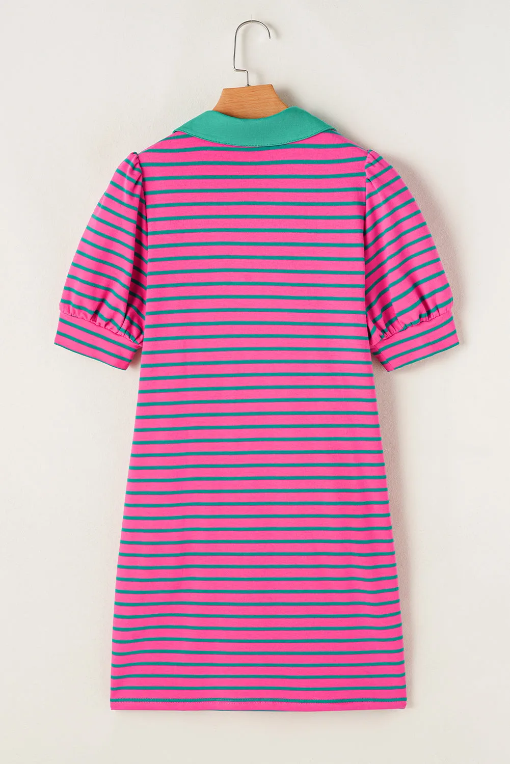 Pink Stripe Collared Puff Sleeve Pop of Color Neckline T Shirt Dress sold by Deluxxie product image thumbnail 4