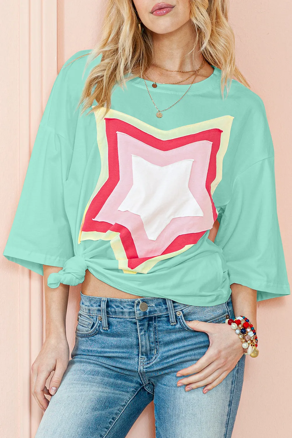 Moonlight Jade Colorblock Star Patched Half Sleeve Oversized Tee sold by Deluxxie product image thumbnail 4