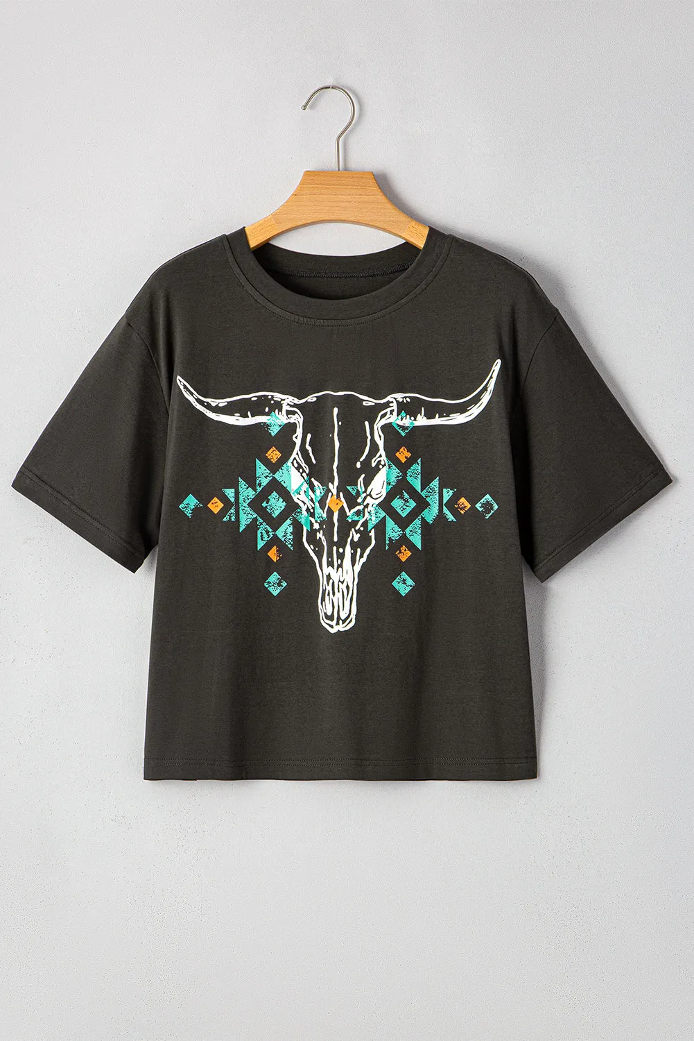 Carbon Grey Vintage Bull Head Skull Turquoise Geometric Graphic T Shirt sold by Deluxxie product image thumbnail 4