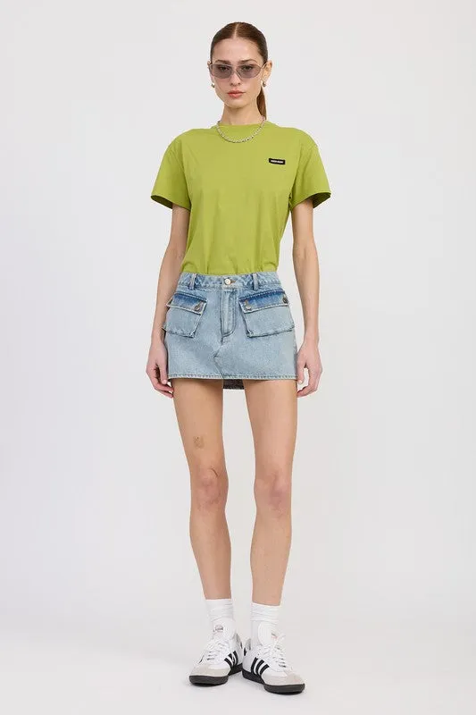 LOW WAIST DENIM MINI SKIRT WITH POCKETS sold by Deluxxie
