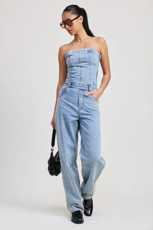 STRAPLESS DENIM JUMPSUIT sold by Deluxxie