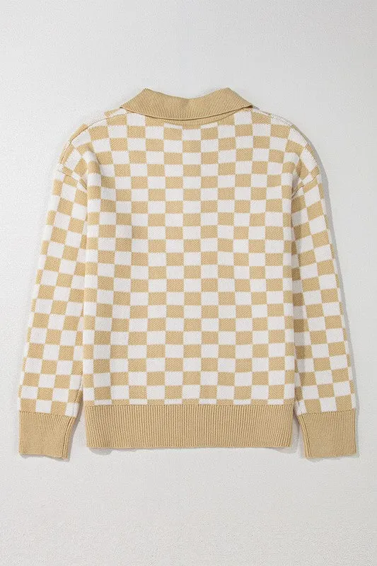 Checkered Buttons V Neck Drop Shoulder Sweater sold by Deluxxie product image thumbnail 4