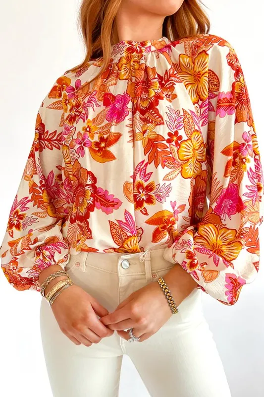 Floral Print Pearl Button Long Puff Sleeve Blouse sold by Deluxxie