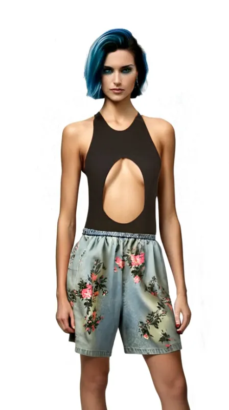 Rosette Rose Denim Shorts by Marigold Shadows sold by Deluxxie