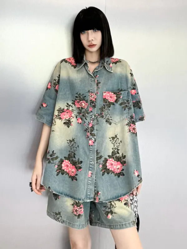 Rosette Rose Denim Shirt by Marigold Shadows sold by Deluxxie