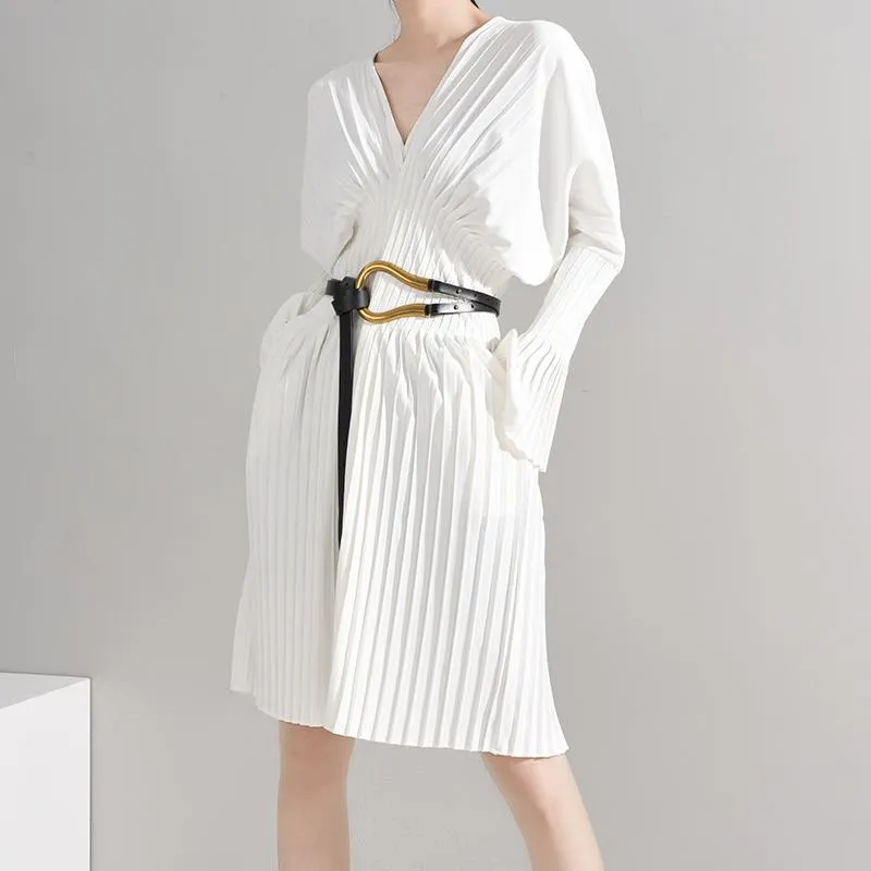 Sakiya Pleated Long Sleeve Shirt Dress - White by Marigold Shadows sold by Deluxxie product image thumbnail 3