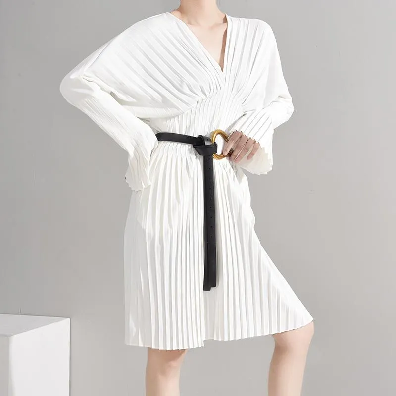 Sakiya Pleated Long Sleeve Shirt Dress - White by Marigold Shadows sold by Deluxxie