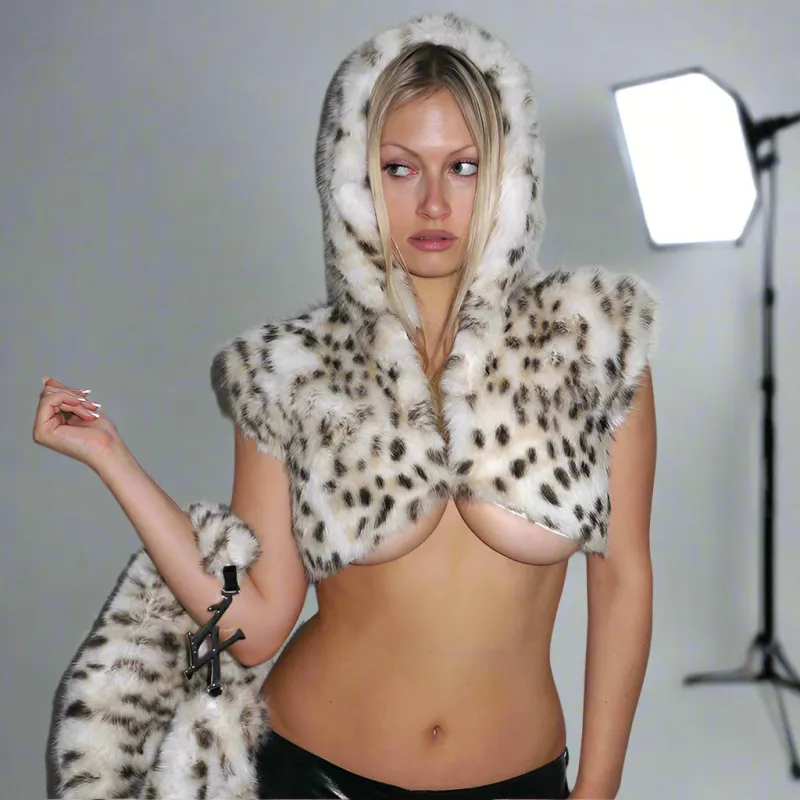 Faux Fur Leopard Hooded Mini Cape sold by Deluxxie
