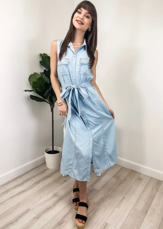 Anna-Kaci Women's Sleeveless Jean Shirt Dress Tied Waist Turn Down Collar Pocket Denim Dress by Anna-Kaci sold by Deluxxie