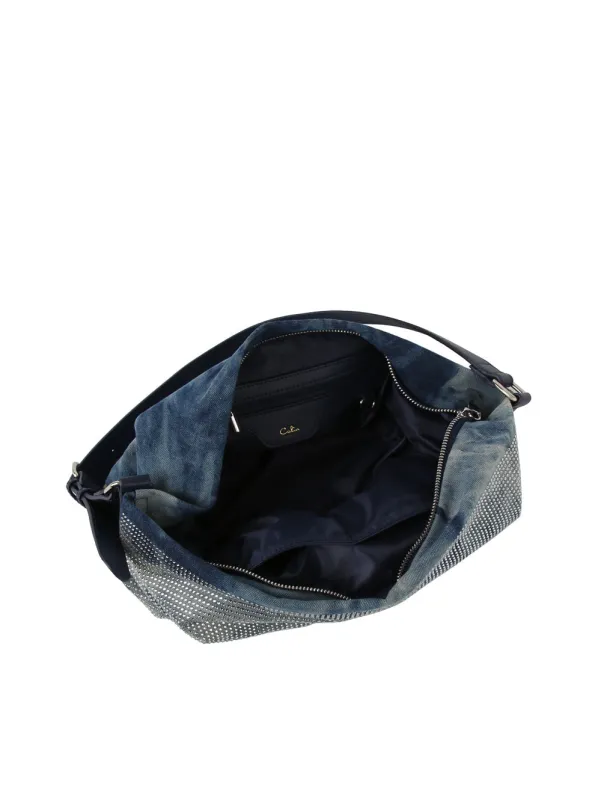 Rhinestone studded denim hobo shoulder bag by Handbag Factory sold by Deluxxie