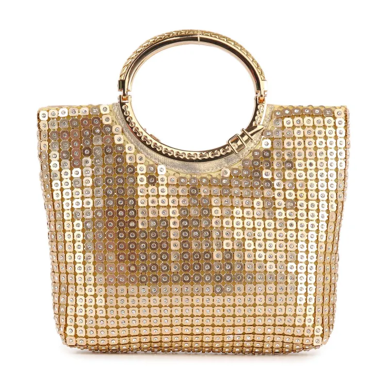 Metal Mesh Rhinestone Hand Tote by Handbag Factory sold by Deluxxie