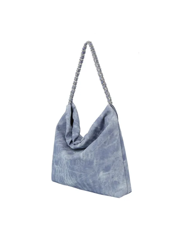 Denim large hobo tote bag with chain detail strap by Handbag Factory sold by Deluxxie