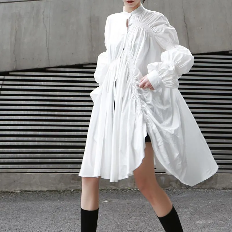 Hotaru Long Sleeve Pleated Shirt Dress - White by Marigold Shadows sold by Deluxxie