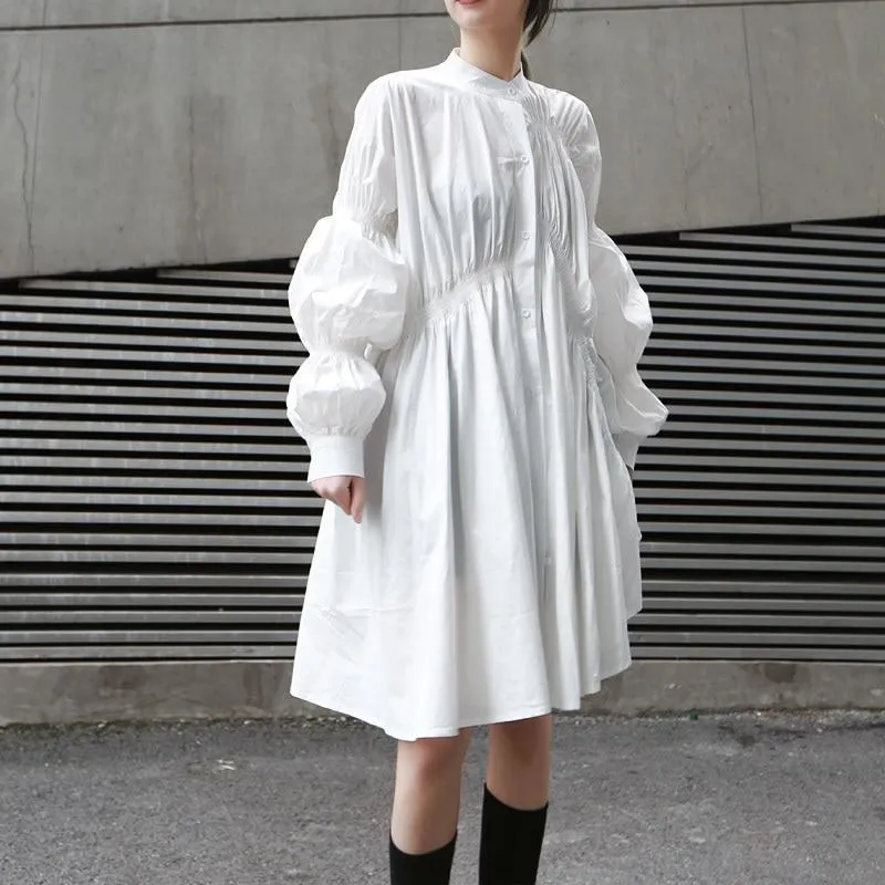 Hotaru Long Sleeve Pleated Shirt Dress - White by Marigold Shadows sold by Deluxxie product image thumbnail 2