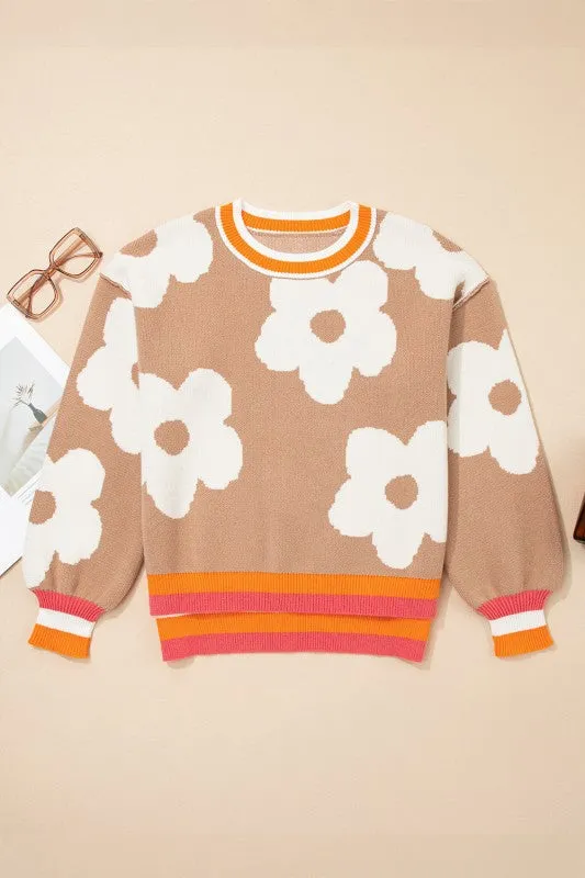 Flower Colorblock Contrast Stripe Baggy Sweater sold by Deluxxie
