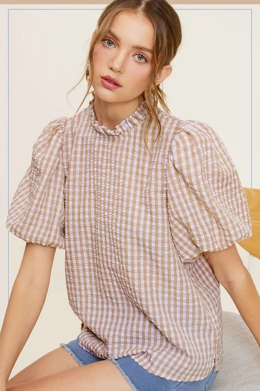 Gingham Check Print Puff Sleeve Top sold by Deluxxie