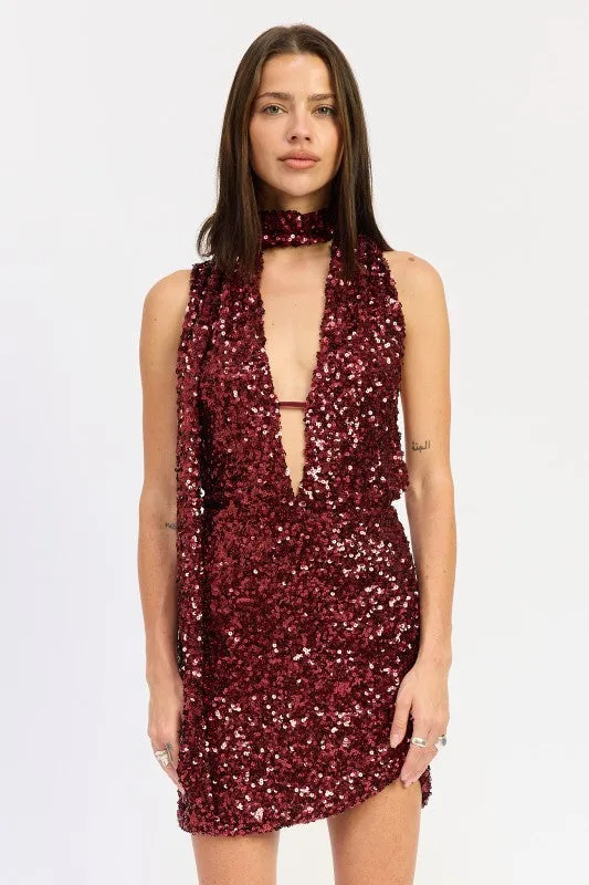 SEQUIN HALTER SCARF MINI DRESS sold by Deluxxie