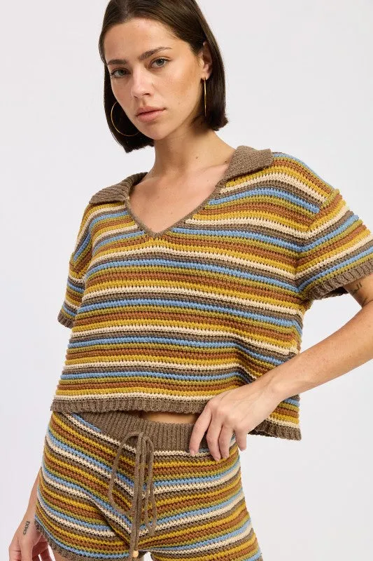 STRIPED CROCHET KNITTED COLLARED TOP sold by Deluxxie product image thumbnail 3