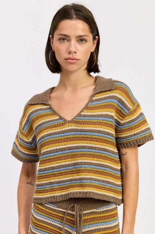 STRIPED CROCHET KNITTED COLLARED TOP sold by Deluxxie