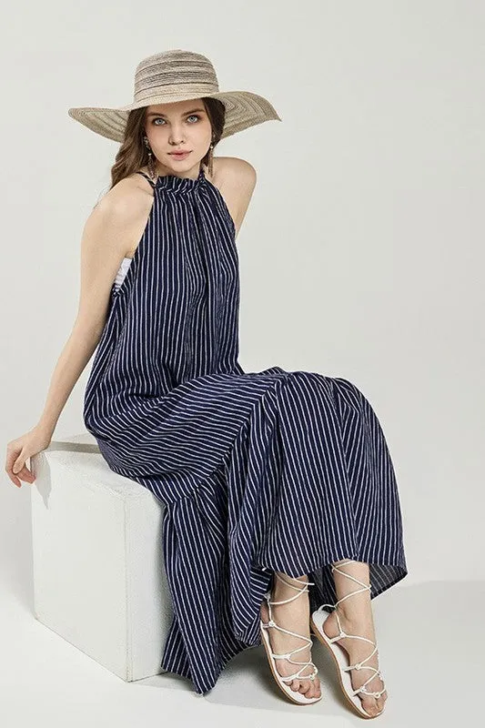 Plus Stripe High Ruffle Neckline Tiered Maxi Dress sold by Deluxxie
