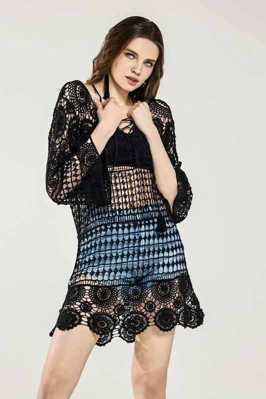 Lace-Up Crochet cotton Tunic Dress sold by Deluxxie