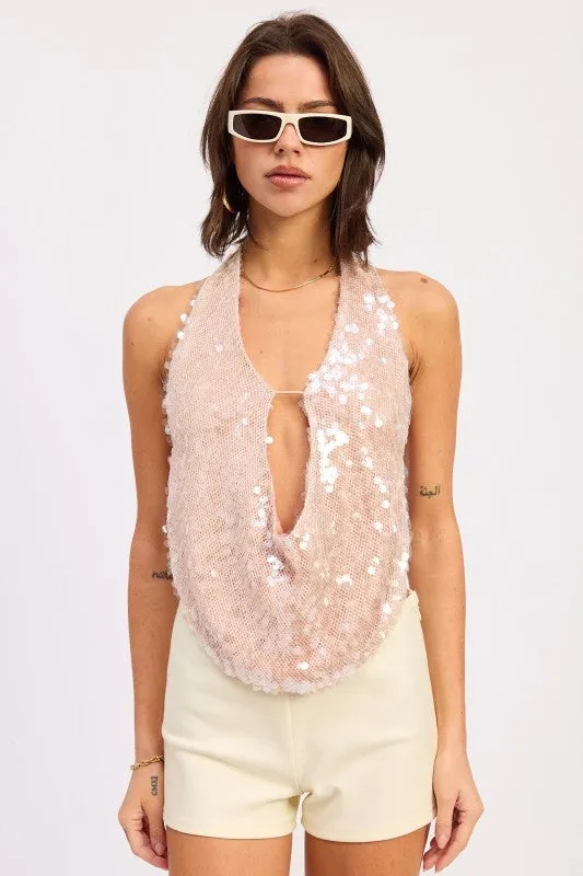 FRONT TIE SEQUIN HALTER TOP made by emory park