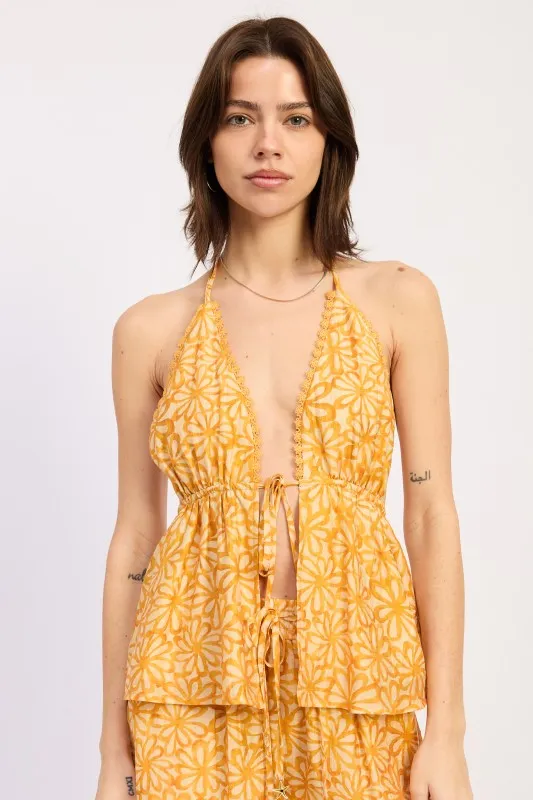BACKLESS FRONT TIE HALTER TOP WITH LACE TRIM made by emory park