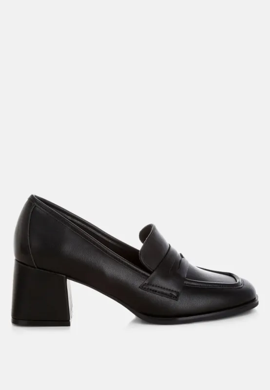 Sutapa Penny Strap Flared Block Heel Loafers made by Deluxxie