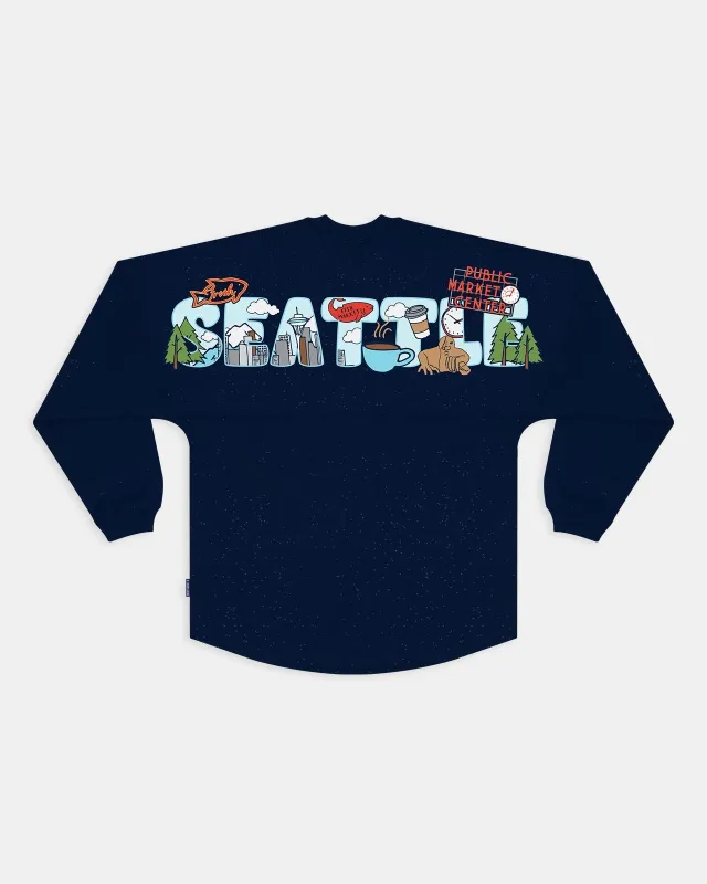 Seattle Painted Cityscape Sparkle Wash Spirit Jersey® made by Spirit Jersey